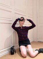 miumiu   2024 SS Early Autumn New CollectionClassic Show Style Color blocked Stripe Embroidered Logo Wool Knitted Cardigan Coat for Women. - Image 14