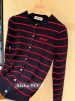 miumiu   2024 SS Early Autumn New CollectionClassic Show Style Color blocked Stripe Embroidered Logo Wool Knitted Cardigan Coat for Women. - Image 18