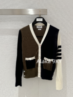 THOM BROWNE   24 Autumn/Winter New CollectionTB New Season Color blocked Dark Brown Knitted Australian/Wool Sweater Cardigan Coat for Women - Image 3