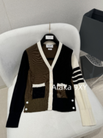 THOM BROWNE   24 Autumn/Winter New CollectionTB New Season Color blocked Dark Brown Knitted Australian/Wool Sweater Cardigan Coat for Women - Image 5