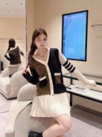 THOM BROWNE   24 Autumn/Winter New CollectionTB New Season Color blocked Dark Brown Knitted Australian/Wool Sweater Cardigan Coat for Women - Image 17