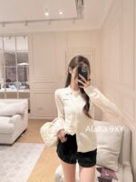 Miumiu ultra soft and stickyHigh version 100 cashmere fabric  2024 early autumn new series baby blue color super white  lapel cashmere knitted cardigan jacket for women. - Image 4