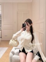 Miumiu ultra soft and stickyHigh version 100 cashmere fabric  2024 early autumn new series baby blue color super white  lapel cashmere knitted cardigan jacket for women. - Image 6