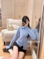 Miumiu ultra soft and stickyHigh version 100 cashmere fabric  2024 early autumn new series baby blue color super white  lapel cashmere knitted cardigan jacket for women. - Image 7