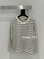 Yves Saint Laurent 2024 Early Autumn New Collection _ Minimally Low key Letter Small Logo BasicRound Neck Striped Long Sleeve Tshirt for Women - Image 3