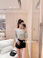 Yves Saint Laurent 2024 Early Autumn New Collection _ Minimally Low key Letter Small Logo BasicRound Neck Striped Long Sleeve Tshirt for Women - Image 18