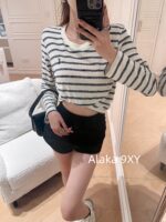 Yves Saint Laurent 2024 Early Autumn New Collection _ Minimally Low key Letter Small Logo BasicRound Neck Striped Long Sleeve Tshirt for Women - Image 20