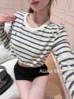 Yves Saint Laurent 2024 Early Autumn New Collection _ Minimally Low key Letter Small Logo BasicRound Neck Striped Long Sleeve Tshirt for Women - Image 24