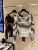 Dior's "Pure Desire Atmosphere" D  24 Early Autumn New Collection Color blocked Striped Knitted Top for Women/One Shoulder Small Shirt to Show Thinning and Body Shape