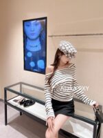 Dior's "Pure Desire Atmosphere" D  24 Early Autumn New Collection Color blocked Striped Knitted Top for Women/One Shoulder Small Shirt to Show Thinning and Body Shape - Image 18