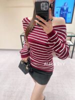 Dior's "Pure Desire Atmosphere" D  24 Early Autumn New Collection Color blocked Striped Knitted Top for Women/One Shoulder Small Shirt to Show Thinning and Body Shape - Image 25