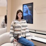 Celine24 Early Autumn New Collection  Navy Style Black and White Geometric Striped Coat with Metal Buckle Round Neck Pair Craft Loose Suit Coat.