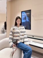 Celine24 Early Autumn New Collection  Navy Style Black and White Geometric Striped Coat with Metal Buckle Round Neck Pair Craft Loose Suit Coat.