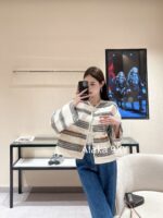 Celine24 Early Autumn New Collection  Navy Style Black and White Geometric Striped Coat with Metal Buckle Round Neck Pair Craft Loose Suit Coat. - Image 6
