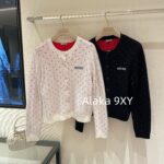 Miumiu is sweet and cute with a strong girlish vibe24ss Autumn/Winter New Collection  Polka dot jacquard letter logo round neck wool long sleeved cardigan jacket for women.
