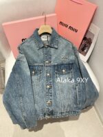 miumiu  2024 Early Autumn New Collection  Classic Knife Cut Letter Logo Collar Denim Coat for Women. Same style as Zhang Yuanying - Image 7
