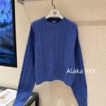 LOEWE  2024ss autumn and winter new seriessapphire blue round neck Fried Dough Twists crochet jacquard pullover sweater. 99 high proportion imported wool material