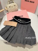 MIUMIU autumn and winter versatile matching2024SS new college style gray elastic letter logo pleated skirt for women/short skirt for women - Image 8