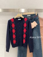 MIUMIU Super Lusi Same Style  College style diamond grid pattern 2024 autumn and winter new wool round neck pullover knitted sweater jacket for women. - Image 7