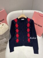 MIUMIU Super Lusi Same Style  College style diamond grid pattern 2024 autumn and winter new wool round neck pullover knitted sweater jacket for women. - Image 15