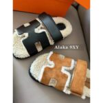 H  2024 Autumn/Winter New Collection: New Imported Lambhair Second Uncle Slippers/Chypre Functional Slippers Imported Suede/Granular Calfskin Fabric - Image 8