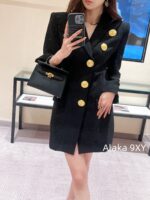 BALMAIN premium imported acetic acid fabric B  2024 Early Autumn New Large Lion Head Gold Buckle Side Open Wide Shoulder Waist Bag Hip slimming Dress - Image 20