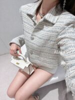 VALENTINO High Edition_  New wool colored blue bead coarse tweed jacket for autumn and winter 24, waist cinching short style, youthful and youthful style - Image 22