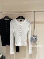 Chanel High Version 4b Early Autumn New Collection   Heavy industry hollowed out jacquard knitted round neck gemstone buckle long sleeved knitted base shirt for women. - Image 13