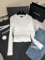 Chanel High Version 4b Early Autumn New Collection   Heavy industry hollowed out jacquard knitted round neck gemstone buckle long sleeved knitted base shirt for women. - Image 24