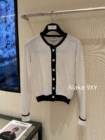 THOM BROWNE TB  Round neck youthful girl like little white flower2024SS autumn and winter new collection black and white color blocked round neck knitted cardigan jacket for women. - Image 3