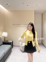 Miumiu Yang Chaoyue Same Style  2024 Autumn/Winter New Collection "American College Style Dress" Grey Cashmere Cardigan/Metal Belt Half Skirt - Image 6