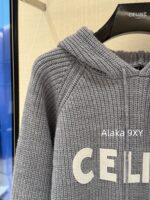 Celine 24FW Autumn/Winter New Collection  Grey Letter Logo Embroidered Hooded Drawstring Knitted Sweater Women's Woolen Top - Image 4