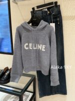 Celine 24FW Autumn/Winter New Collection  Grey Letter Logo Embroidered Hooded Drawstring Knitted Sweater Women's Woolen Top - Image 5