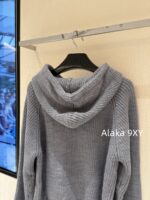 Celine 24FW Autumn/Winter New Collection  Grey Letter Logo Embroidered Hooded Drawstring Knitted Sweater Women's Woolen Top - Image 7