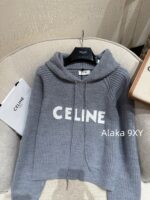 Celine 24FW Autumn/Winter New Collection  Grey Letter Logo Embroidered Hooded Drawstring Knitted Sweater Women's Woolen Top - Image 10