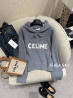 Celine 24FW Autumn/Winter New Collection  Grey Letter Logo Embroidered Hooded Drawstring Knitted Sweater Women's Woolen Top - Image 18
