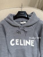 Celine 24FW Autumn/Winter New Collection  Grey Letter Logo Embroidered Hooded Drawstring Knitted Sweater Women's Woolen Top - Image 19
