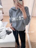 Celine 24FW Autumn/Winter New Collection  Grey Letter Logo Embroidered Hooded Drawstring Knitted Sweater Women's Woolen Top - Image 22