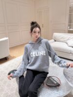 Celine 24FW Autumn/Winter New Collection  Grey Letter Logo Embroidered Hooded Drawstring Knitted Sweater Women's Woolen Top - Image 25