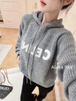 Celine 24FW Autumn/Winter New Collection  Grey Letter Logo Embroidered Hooded Drawstring Knitted Sweater Women's Woolen Top - Image 27