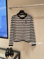 Yves Saint Laurent Early Autumn Collection   Bead round neck letter logo black and white color blocked striped knitted sweater for women - Image 9