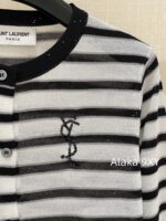Yves Saint Laurent Early Autumn Collection   Bead round neck letter logo black and white color blocked striped knitted sweater for women - Image 11
