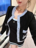 Chanel is a musthave for white, wealthy and beautiful socialites. The classic four pocket logo button knit cardigan jacket for women's cardigans with a long fur round neck is a new style for early autumn. - Image 9