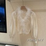 Laurustinus White Moonlight Wealthy Girl Dress Up   2024 SS Early Autumn New Collection Handmade Custom Heavy Industry Feather Milk White Sweater/Knitted Cardigan for Women