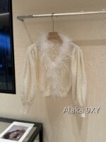 Laurustinus White Moonlight Wealthy Girl Dress Up   2024 SS Early Autumn New Collection Handmade Custom Heavy Industry Feather Milk White Sweater/Knitted Cardigan for Women