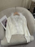 Laurustinus White Moonlight Wealthy Girl Dress Up   2024 SS Early Autumn New Collection Handmade Custom Heavy Industry Feather Milk White Sweater/Knitted Cardigan for Women - Image 4