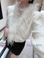 Laurustinus White Moonlight Wealthy Girl Dress Up   2024 SS Early Autumn New Collection Handmade Custom Heavy Industry Feather Milk White Sweater/Knitted Cardigan for Women - Image 17