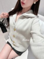 Bottega Veneta BV  2024 Autumn/Winter New Series Heavy Industry Imported Wool Material Stacked Wear Fake Two piece Design Metal Buckle Collar Knitted Cardigan Coat for Women. - Image 8