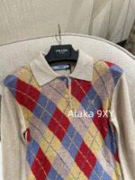 Prada  24FW Early Autumn New CollectionColorful diamond grid pattern color blocked lapel inverted triangle  Badge Logo College Style Cashmere Knitted Sweater for Women - Image 13