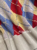 Prada  24FW Early Autumn New CollectionColorful diamond grid pattern color blocked lapel inverted triangle  Badge Logo College Style Cashmere Knitted Sweater for Women - Image 16
